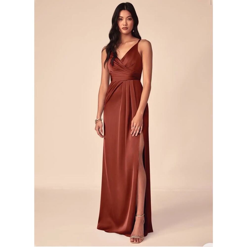 NWT Azazie Aqua Stretch Satin Dress Terracotta A-Line V-Neck Pleated Size A10